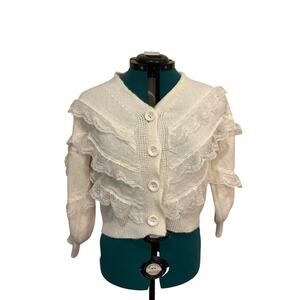 Elf Sack Womens Small White Lace Knit Button Front Cardigan EUC